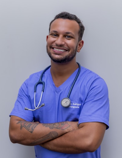 Care provider in blue scrubs